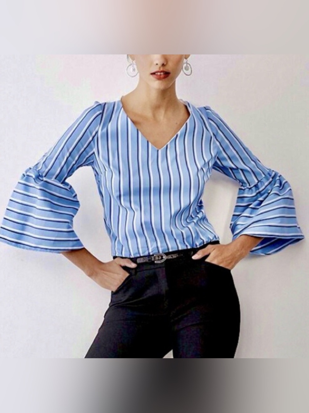White House Black Market Emma striped V-neck blue blouse with bell 3/4 sleeves